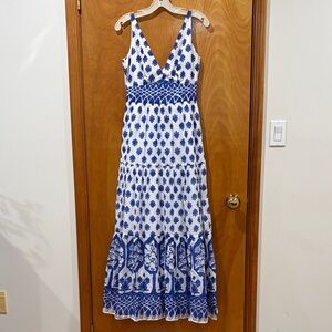 J. Crew Blue and White Printed V-Neck Maxi Dress